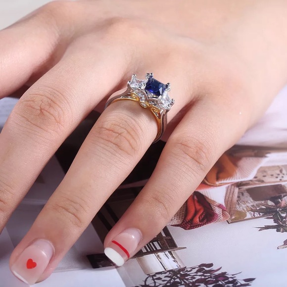 New Two Tone Square 925 Silver Sapphire Ring - Picture 5 of 6